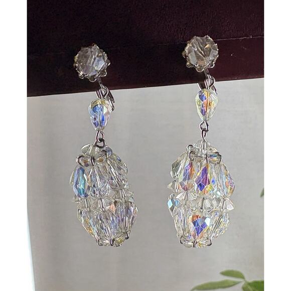 Vintage VENDOME AB Crystal Bead Dangle Earrings Signed Clip On Mcm Mid Century - Picture 3 of 8